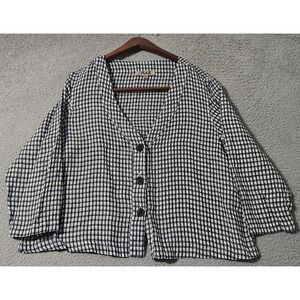 Flax Linen Cropped Black White Plaid Jacket Blouse Long Sleeve Size Small